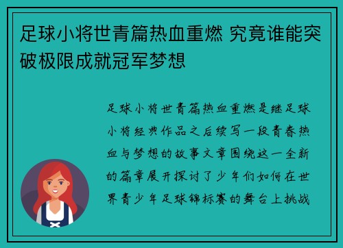 足球小将世青篇热血重燃 究竟谁能突破极限成就冠军梦想 足球小将世青篇热血重燃 究竟谁能突破极限成就冠军梦想