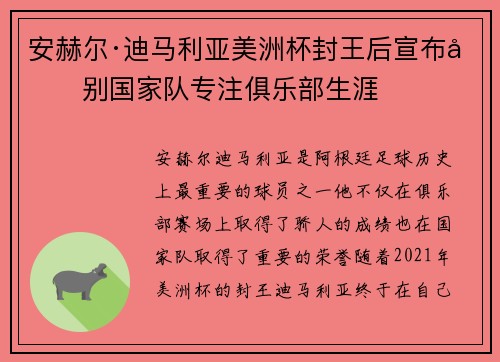 安赫尔·迪马利亚美洲杯封王后宣布告别国家队专注俱乐部生涯